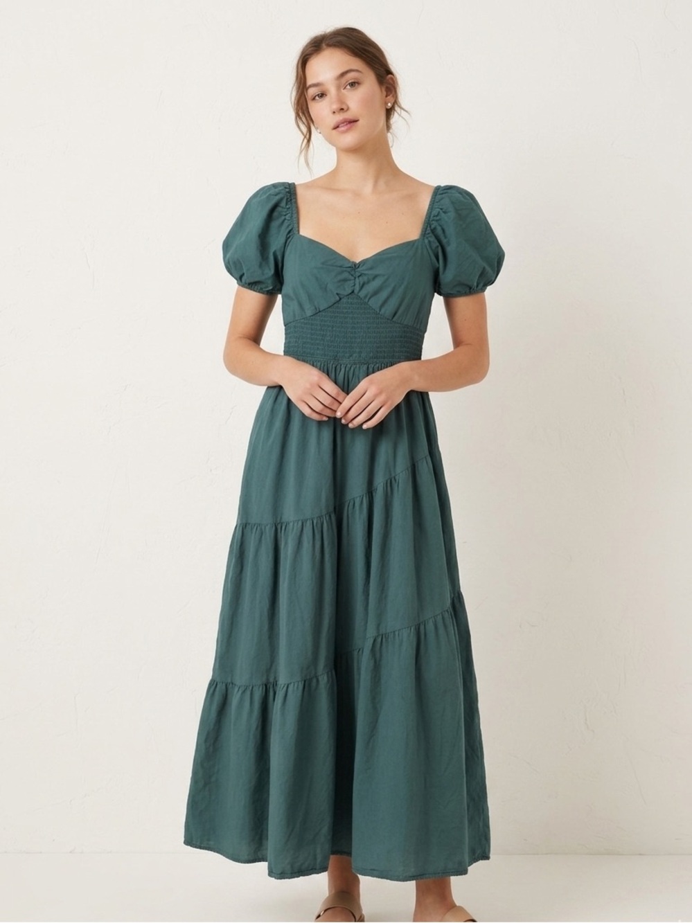 Bailey Blue Emerald Green Puff Sleeve Smocked Tiered Maxi Dress 100% Cotton M